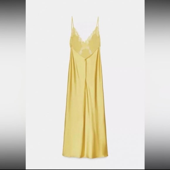 ZARA Lemon Satin Slip Dress with Lace Trim - Picture 7 of 9